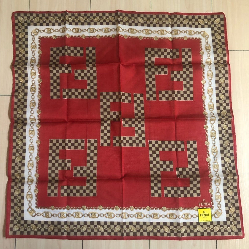 New FENDI Bandana Handkerchief Scarf Cotton FF Logo All Over Chains